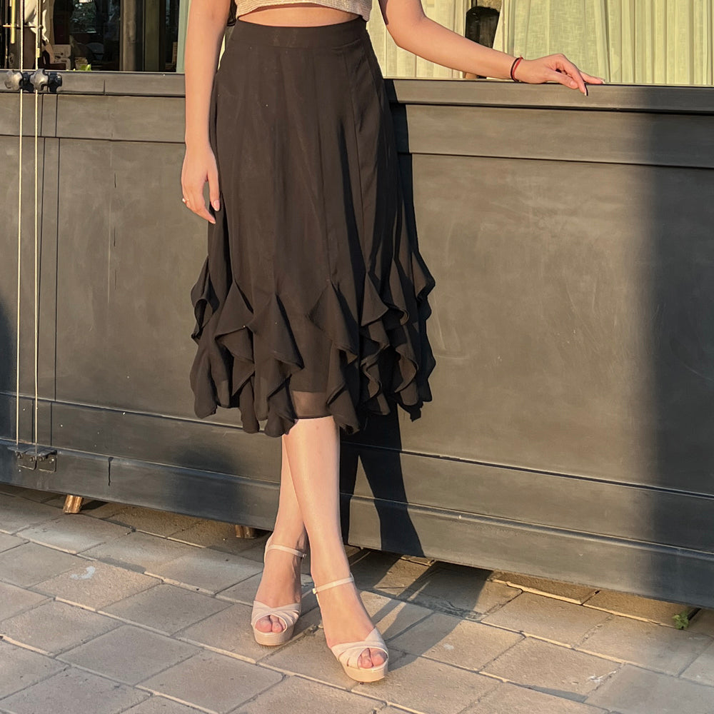 Black Georgette Ruffle Midi Skirt