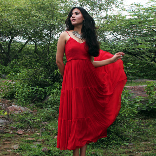 knee length dresses for ladies Red Chiffon Prom Dress with Sweetheart Neckline & Tiered Bottom – FD60 –  Viniodress