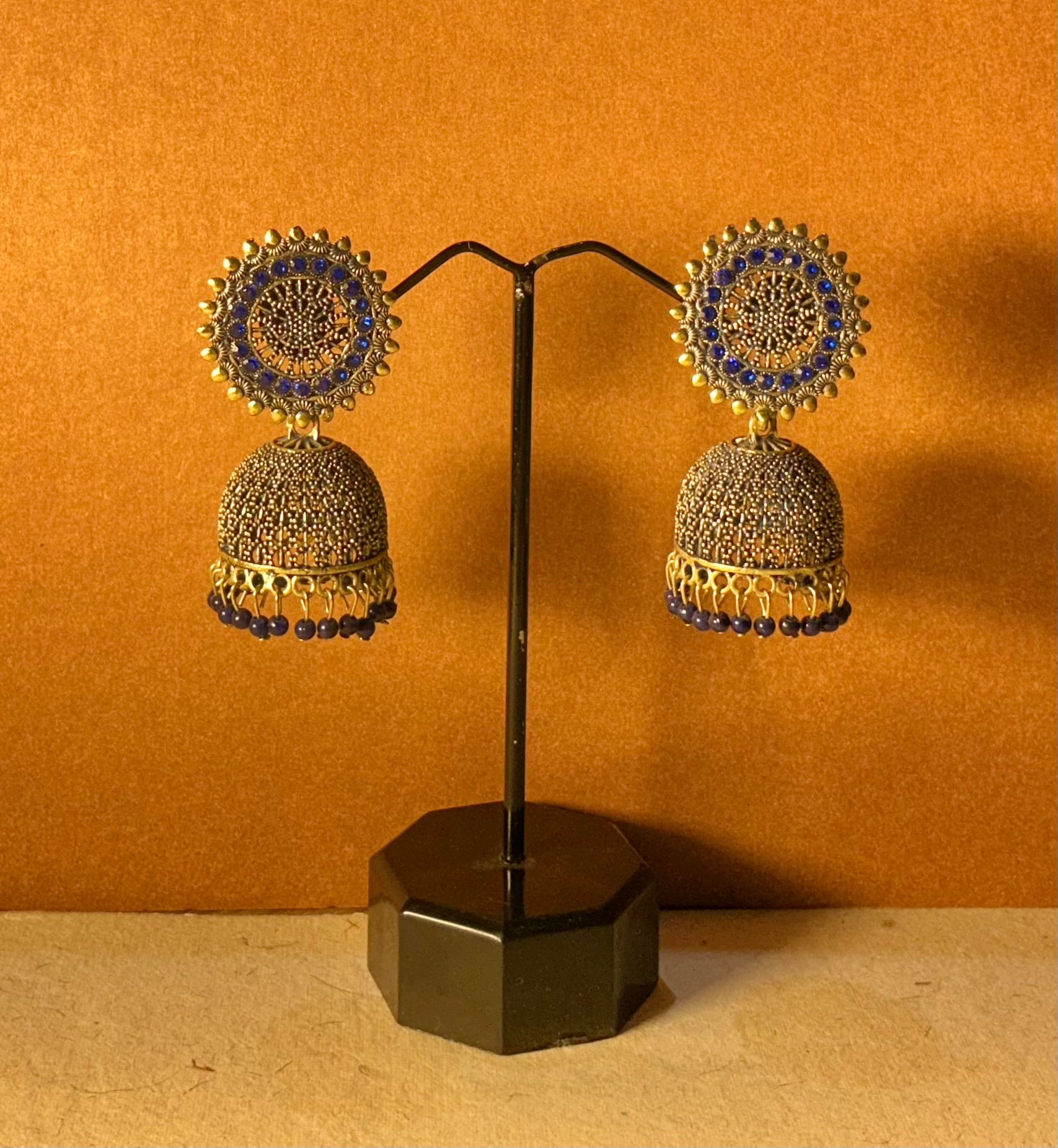 Blue Gold Jhumki Earrings with AD Stone