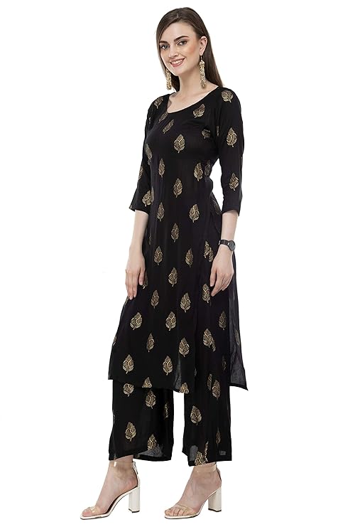 Black Foil Print Straight Kurta Palazzo Set