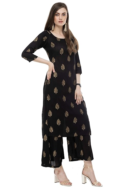 Black Foil Print Straight Kurta Palazzo Set