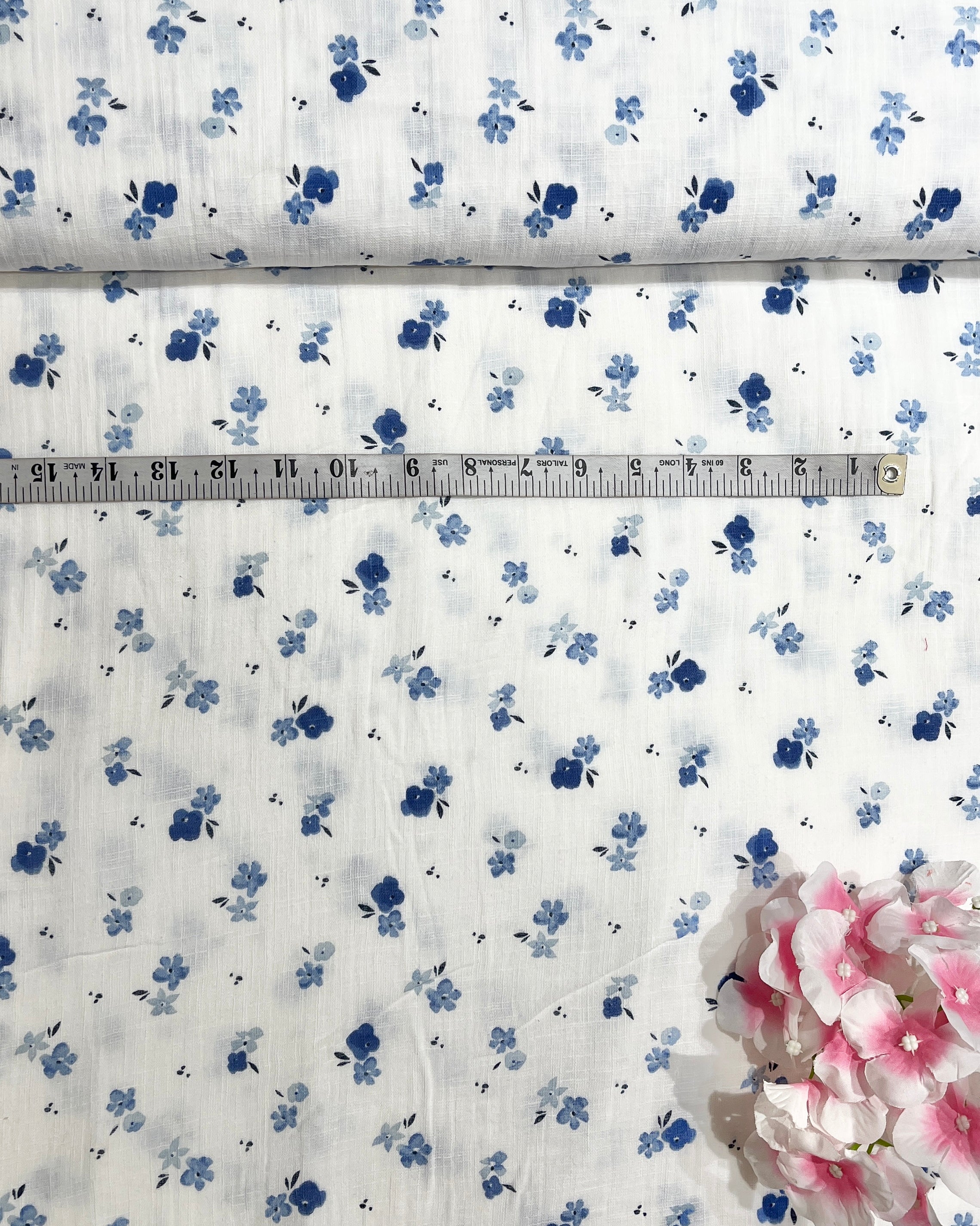 White & Blue Floral Cotton Gauge Fabric