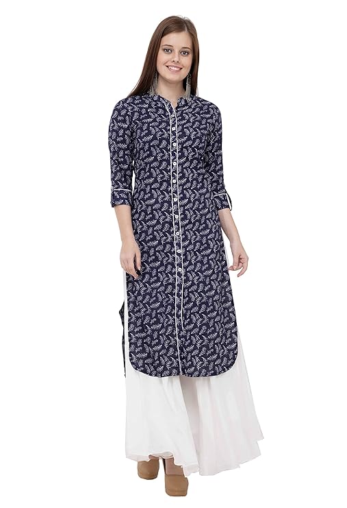Blue Printed Cotton Straight Kurti
