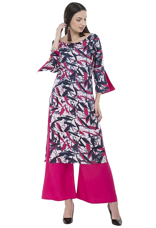Blue & Pink Printed Straight Kurti