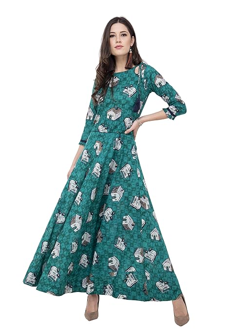 Green Printed A-Line Kurti