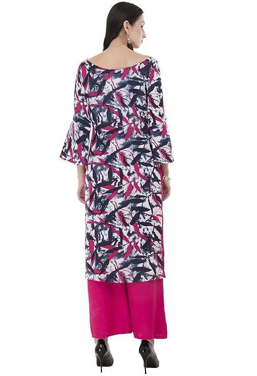 Blue & Pink Printed Straight Kurti