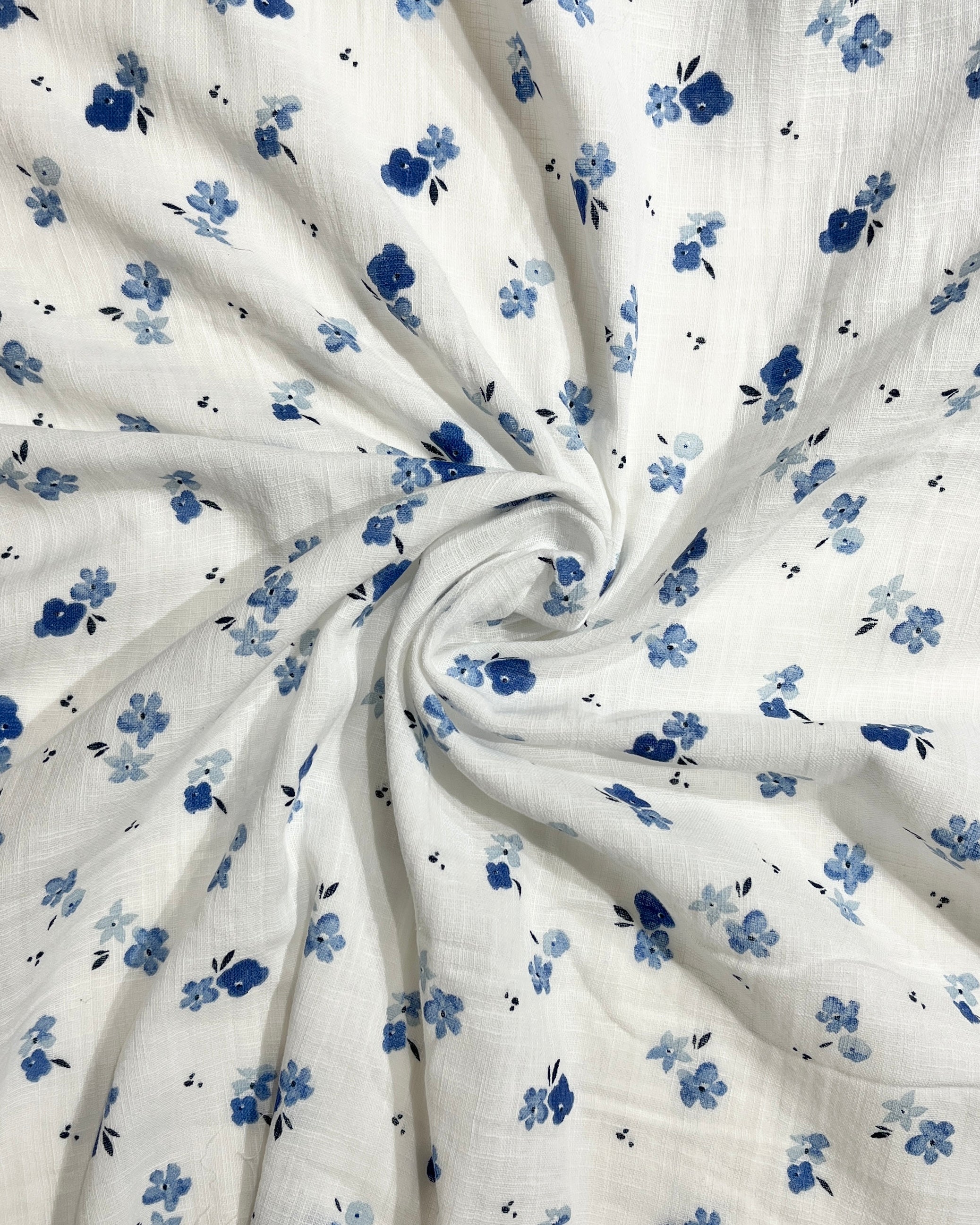White & Blue Floral Cotton Gauge Fabric