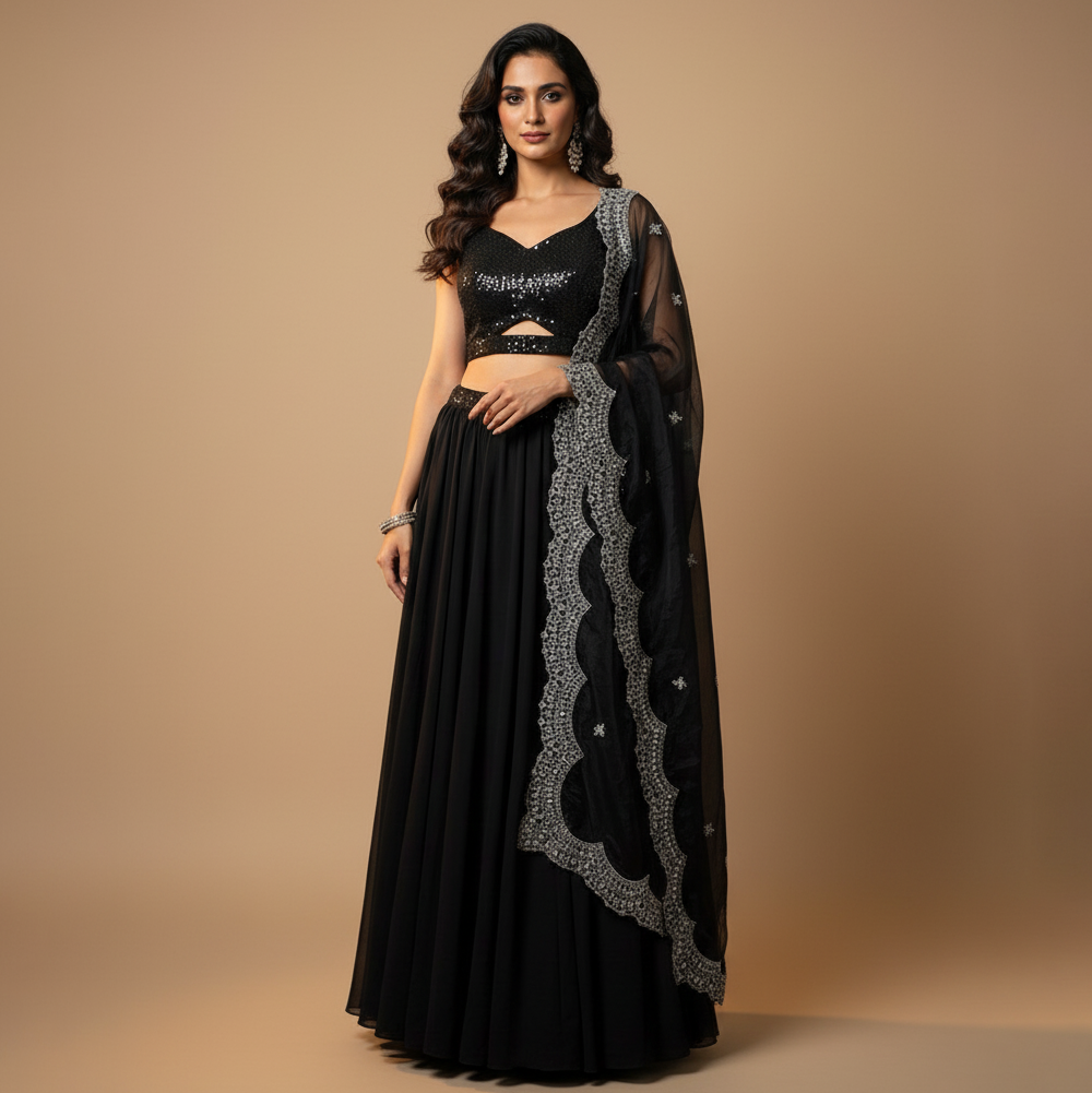 Black Sequins Georgette Lehenga