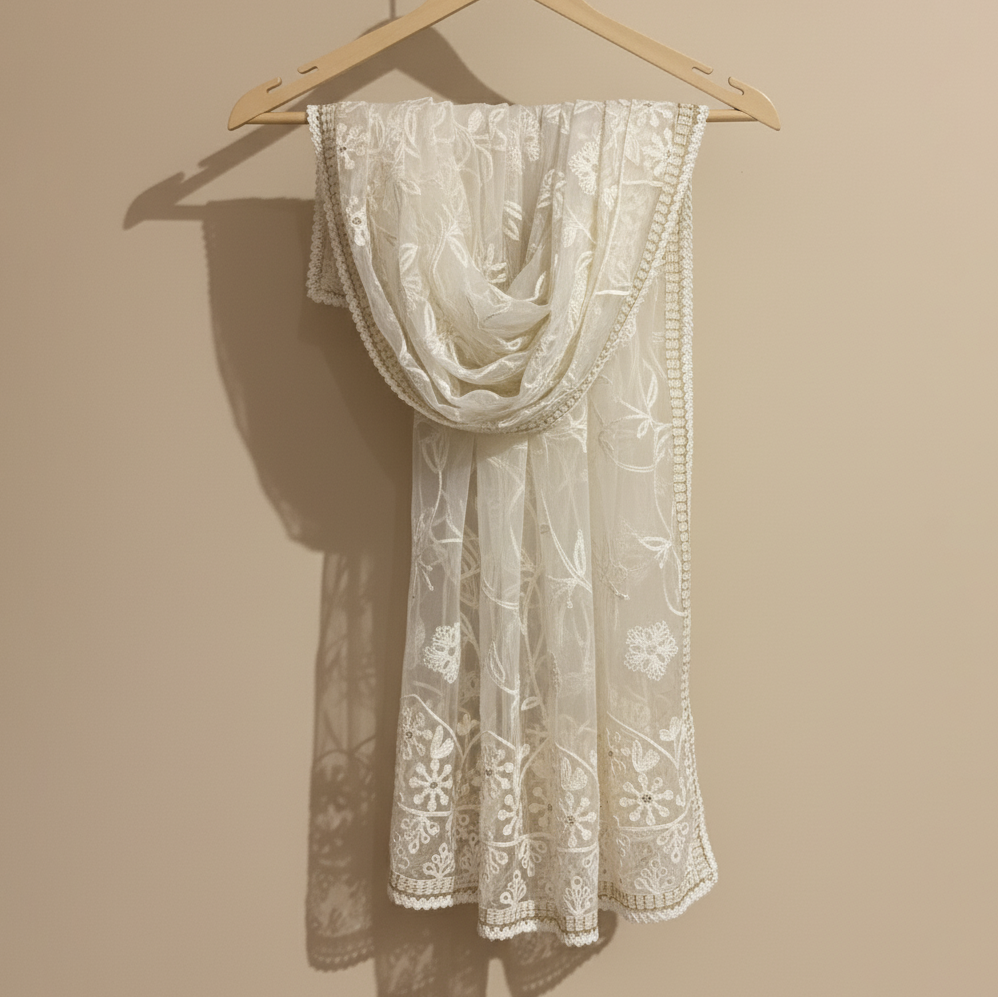 White lace scarf on a wooden hanger against a beige wall