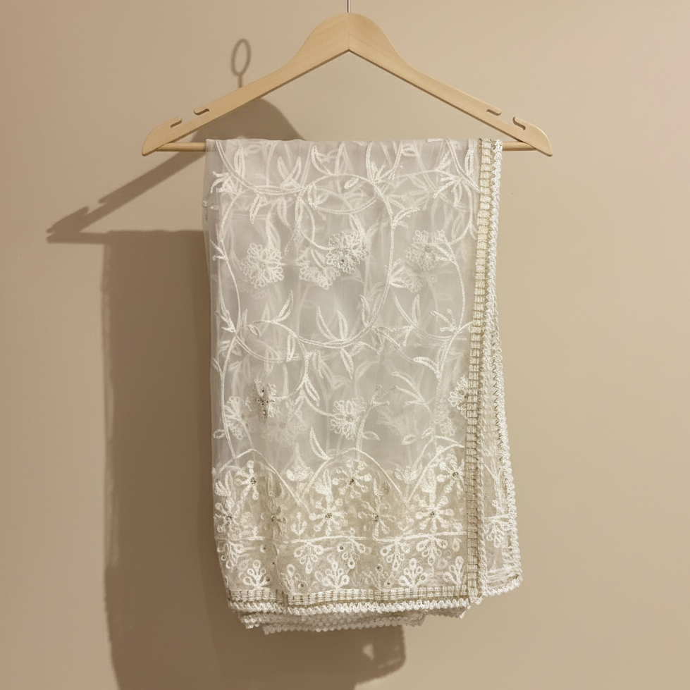 Embroidered net dupatta with threadwork & sequins embroidery