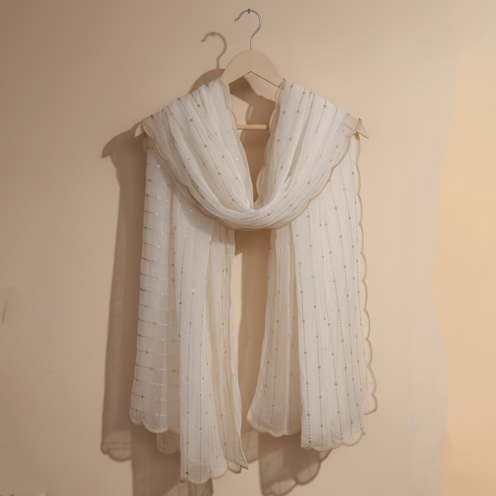 Gold Stripes Embroidered Organza Dupatta