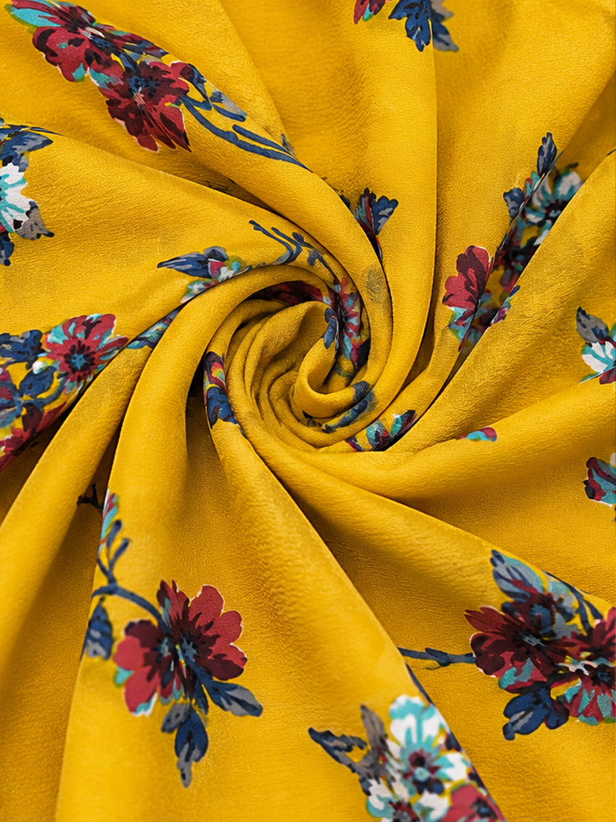 Mustard Floral Textured Crepe Fabric