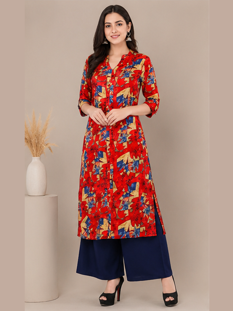Geometric Print Straight Red Kurti