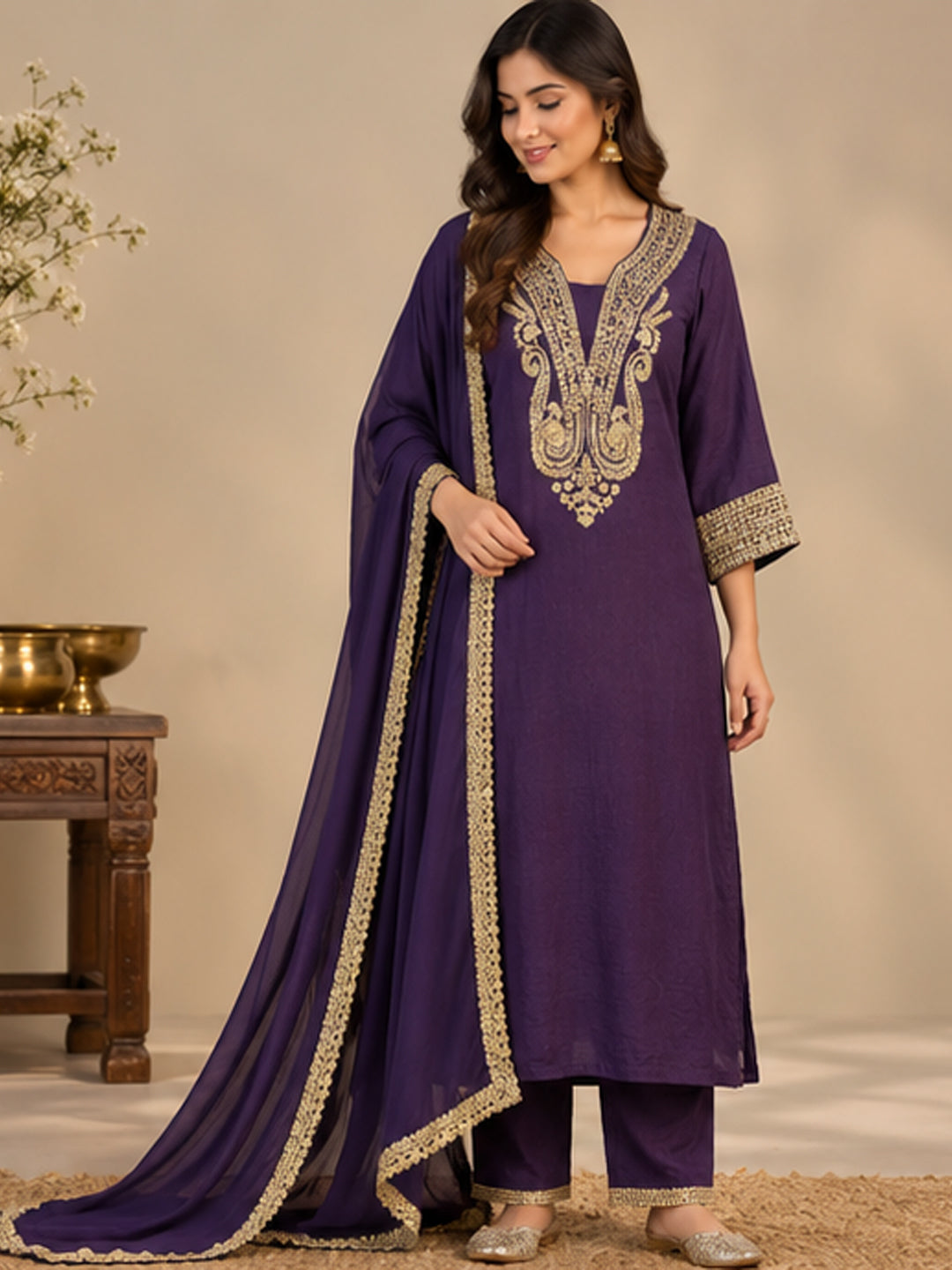 Purple Embroidered Chinon Suit