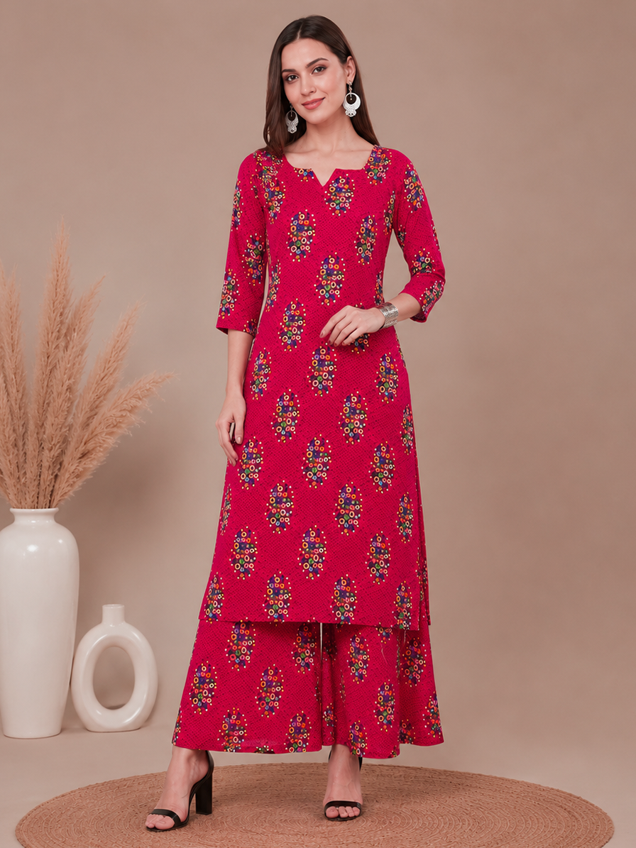 Pink Cotton Straight Kurta and Palazzo Set