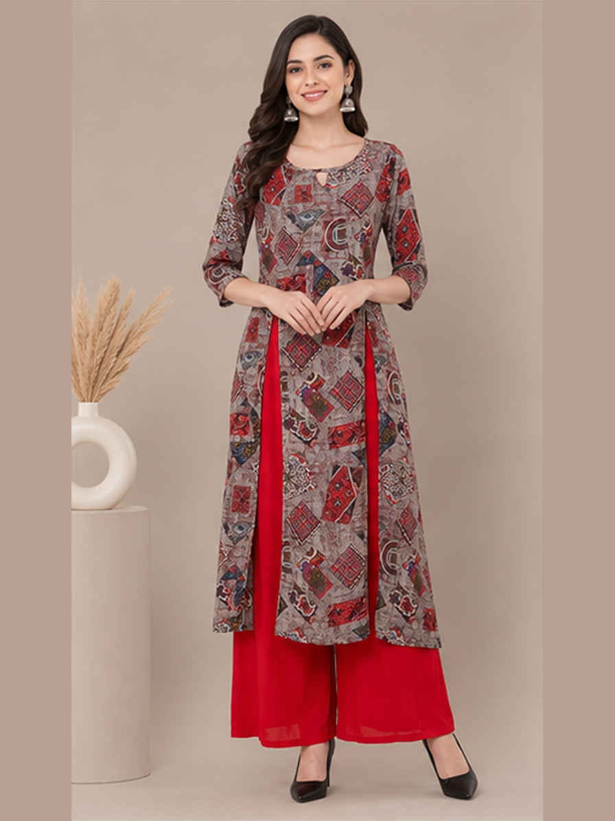 Grey Printed A-line Kurti