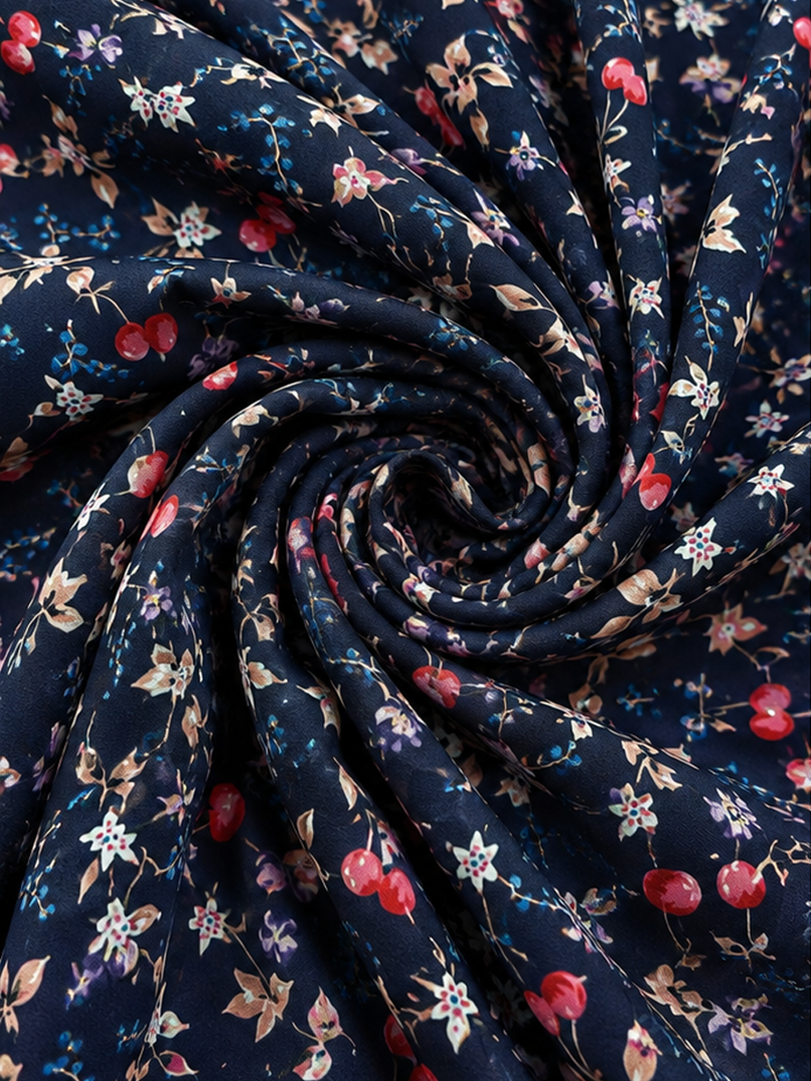 Navy Floral Print Crepe Fabric