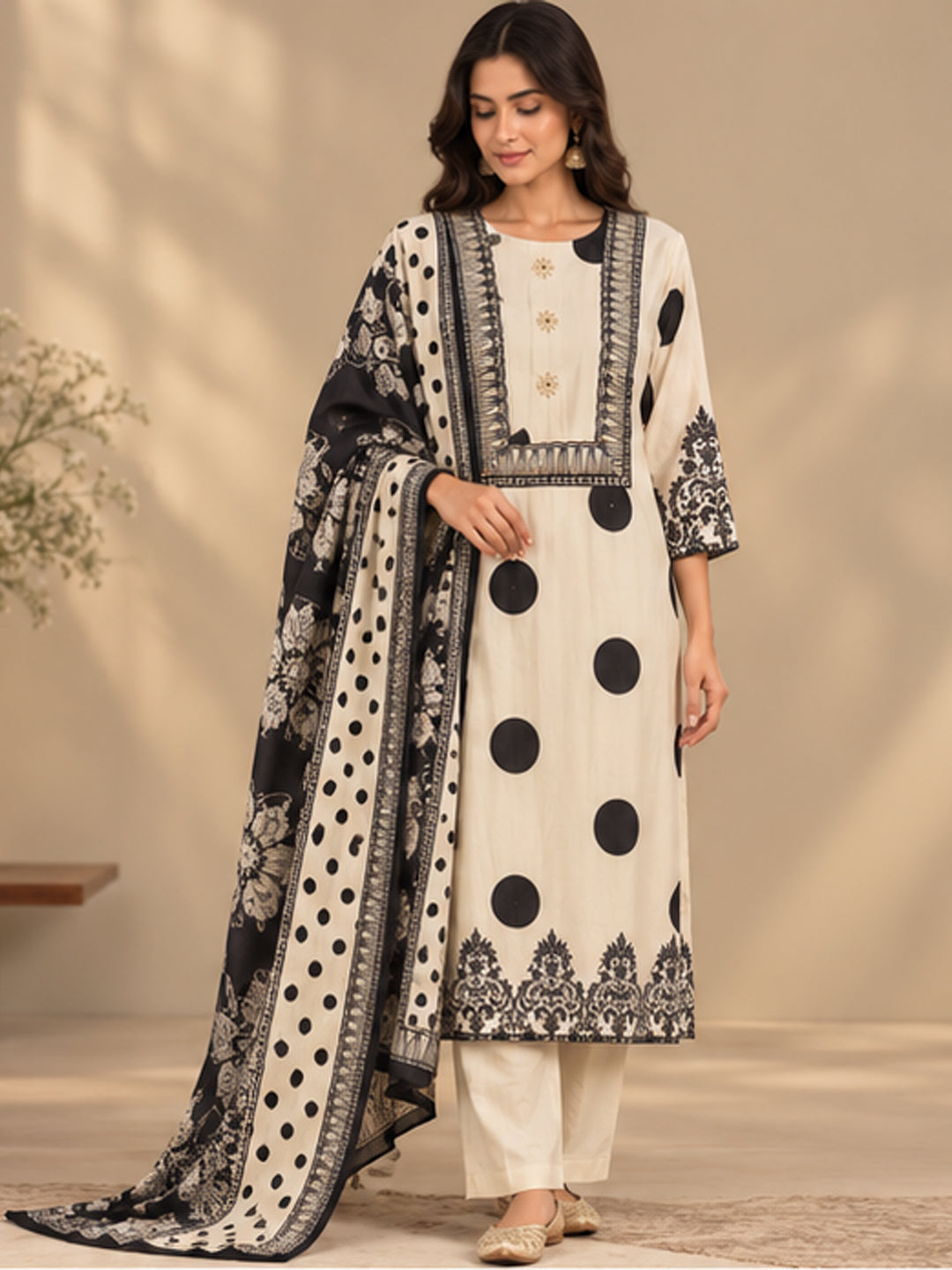 White and Black Crepe Suit Set
