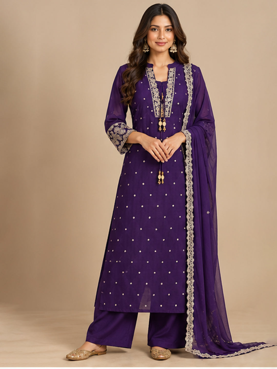 Purple Chinon Embroidered Suit