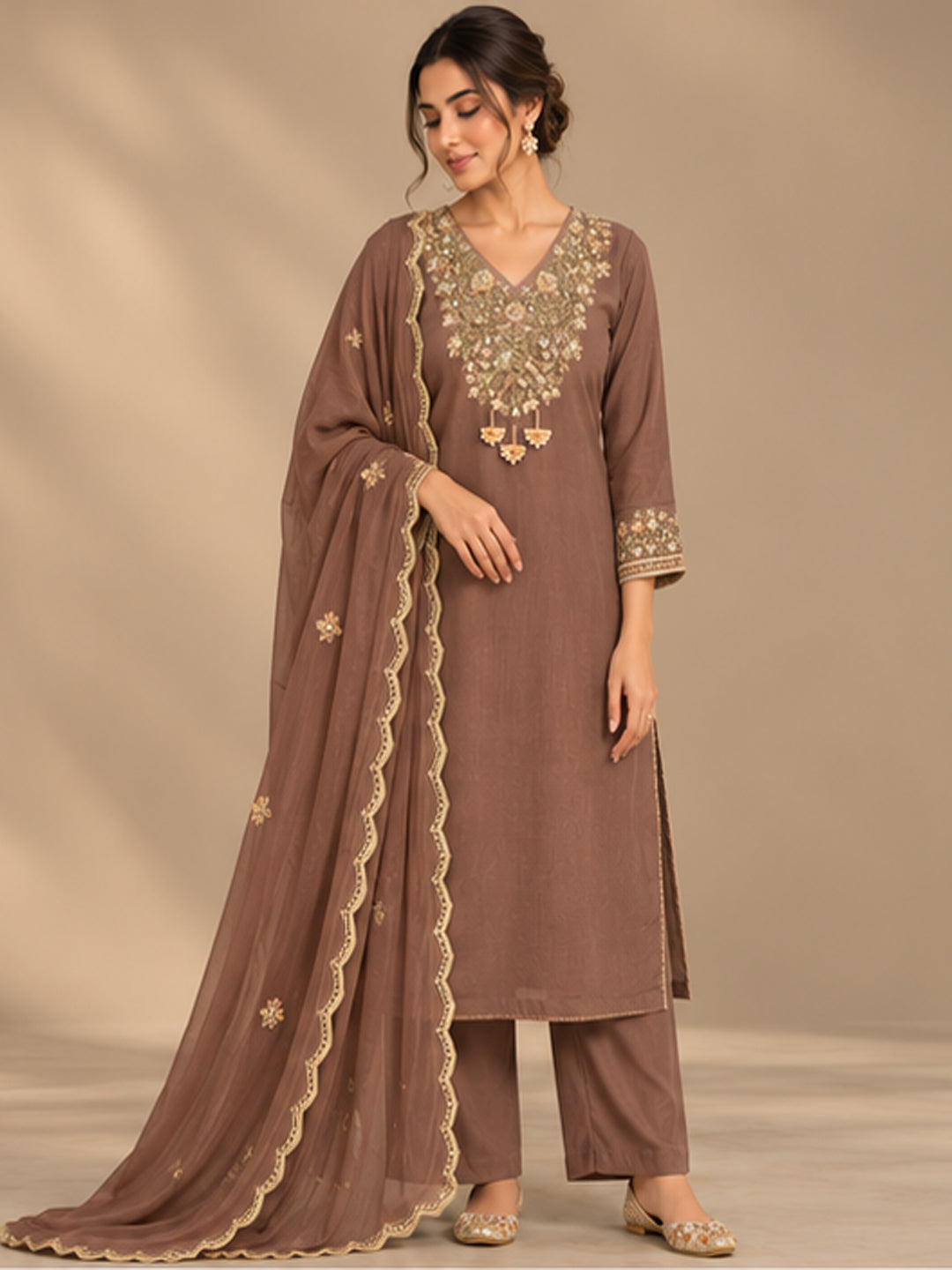 Brown Chinon Embroidered Suit