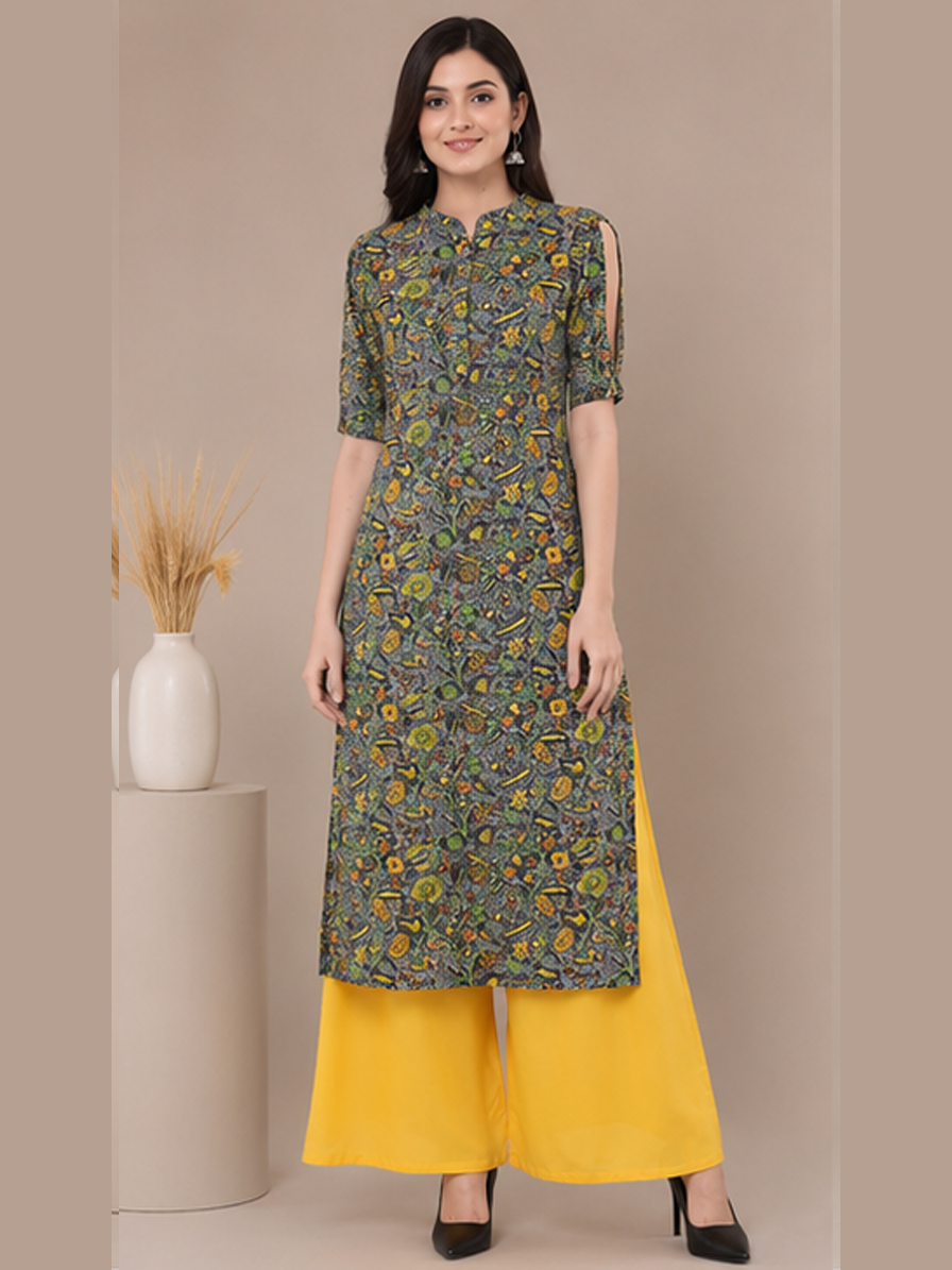 Grey Floral Print Straight Kurti