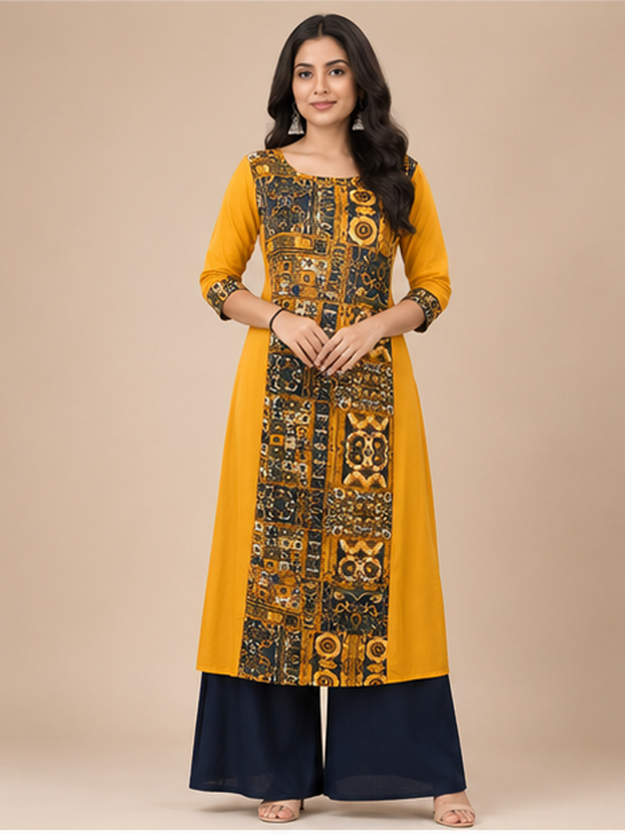 Printed Mustard A-line Kurti