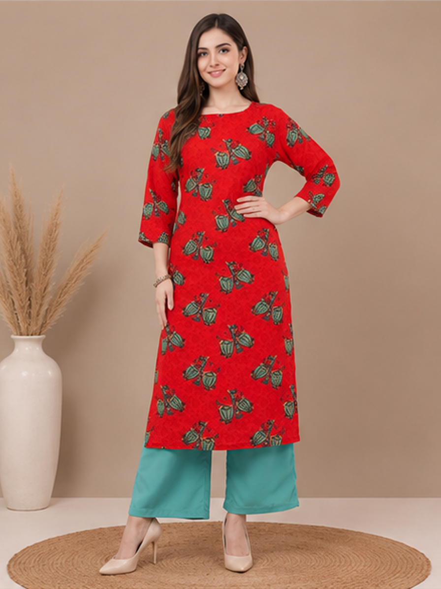 Red Printed Straight Kurti