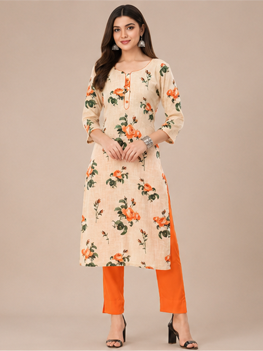 Beige Floral Kurti with Orange Trouser