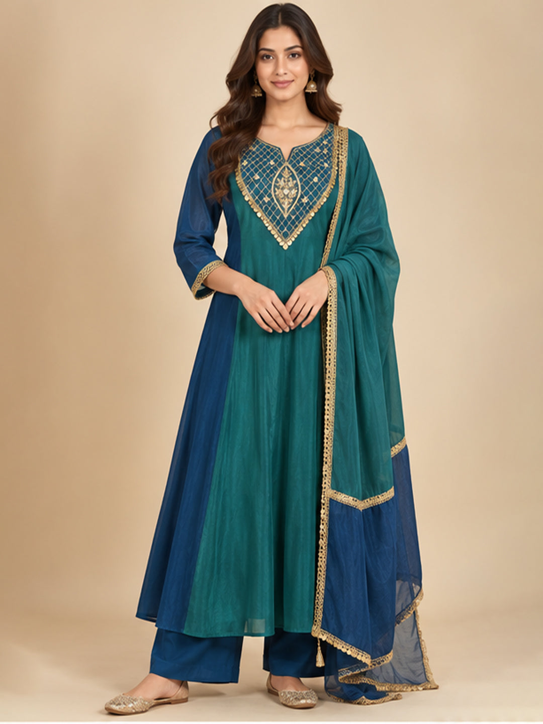 Blue Green Chanderi Anarkali Suit
