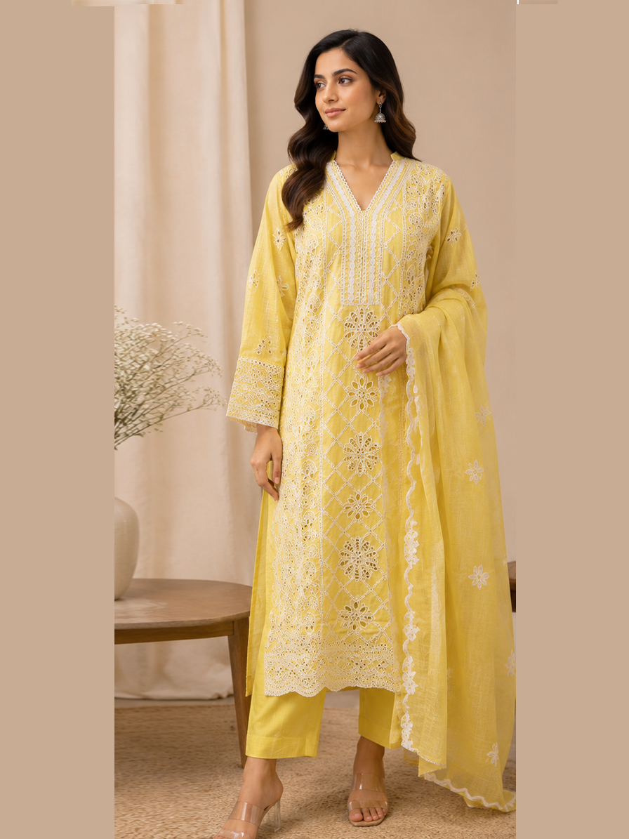 Yellow White Embroidered Suit Set