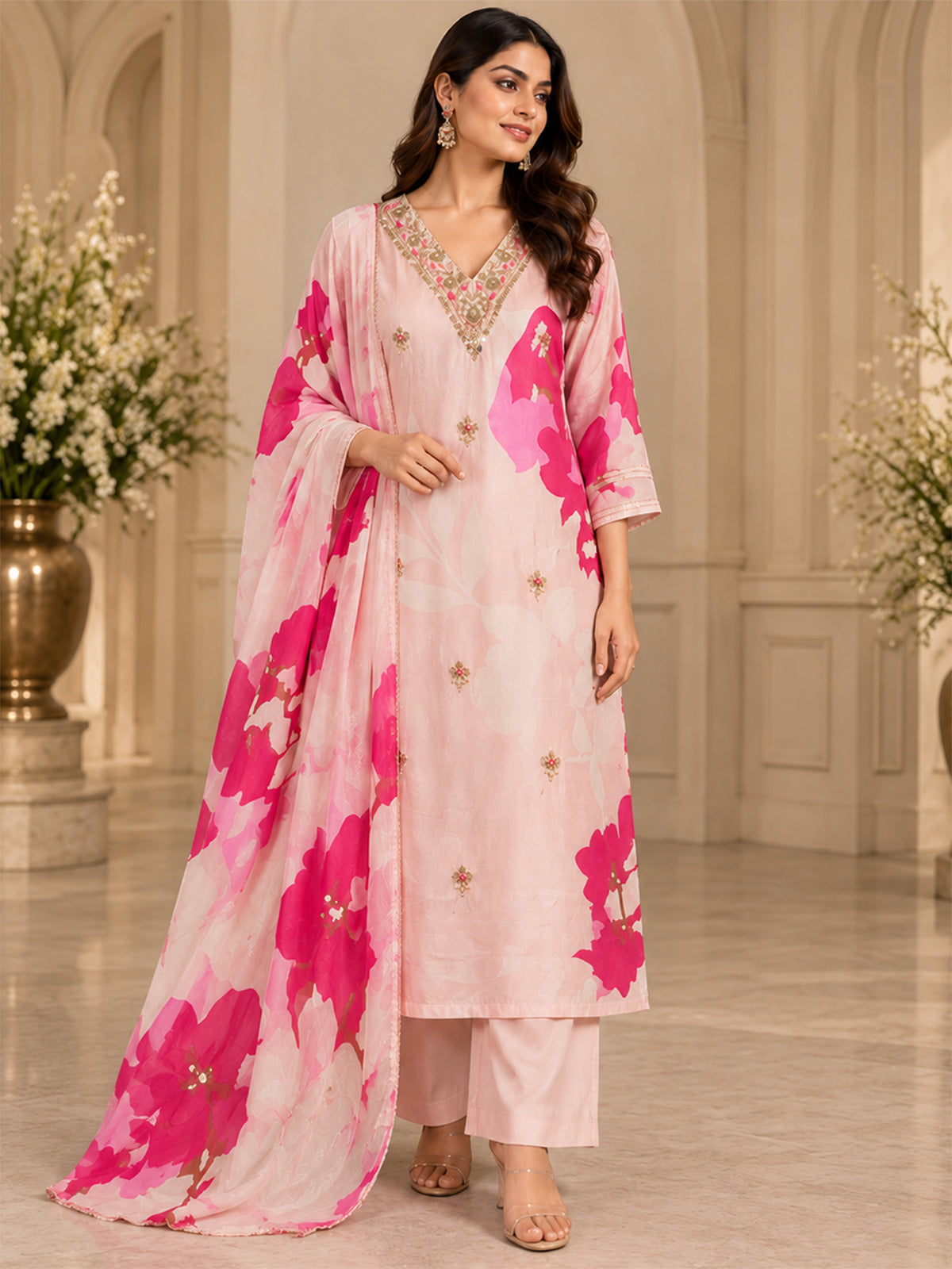 Pink Crepe Embroidered Kurat Set