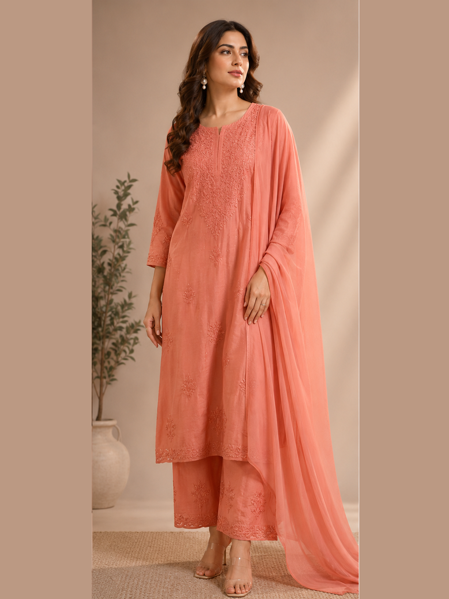 Peach Chikankari Suit Set