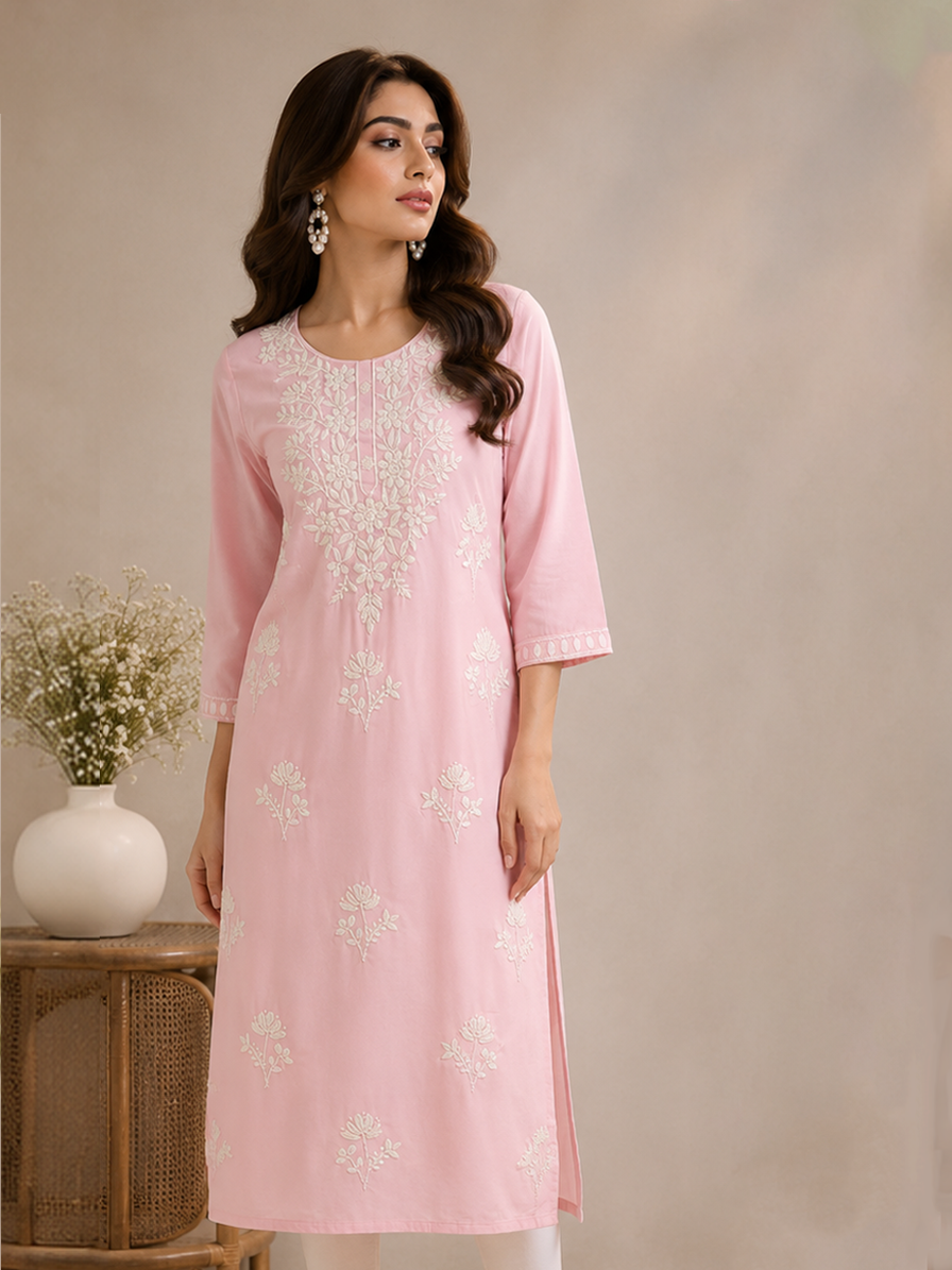 Pink-White Chikankari Kurta