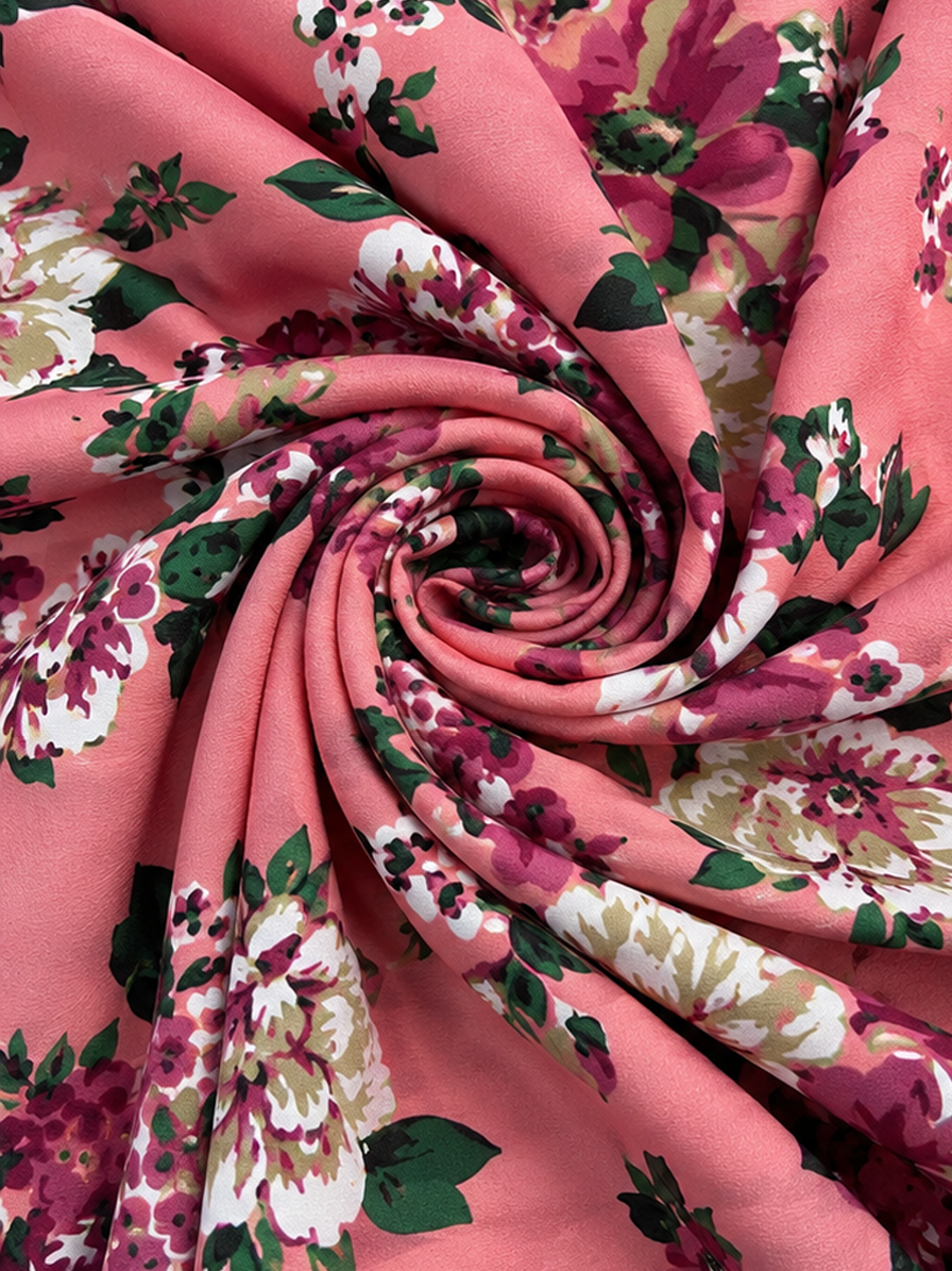 Peach Floral Print Crepe Fabric