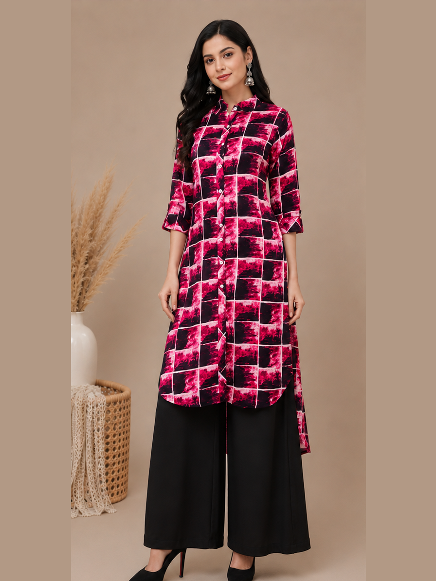 Pink Checks Printed Straight Kurti