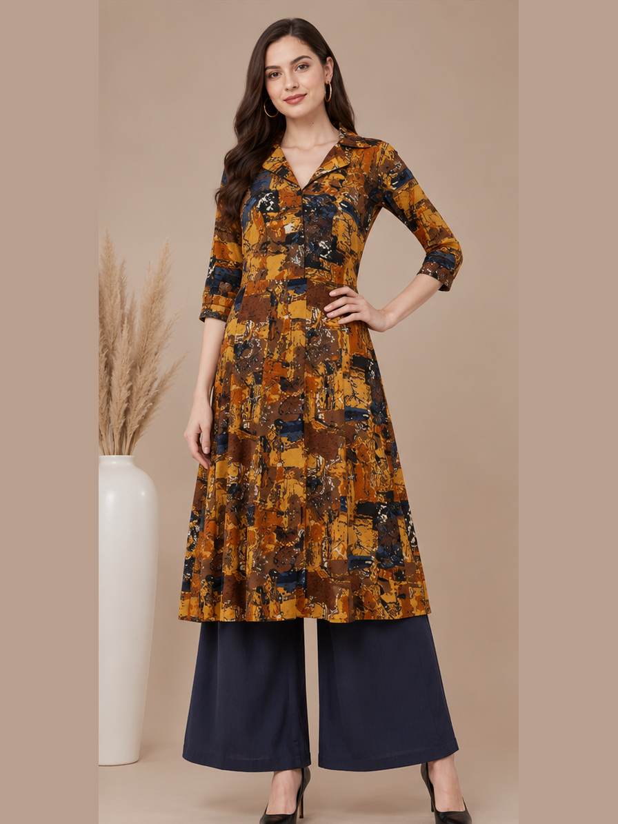 Mustard Printed Anarkali Style Kurti
