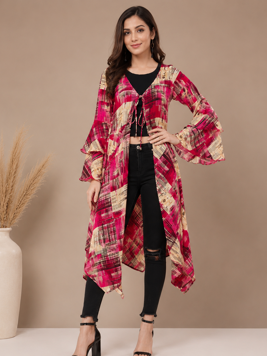 Pink Printed Flare Shrug