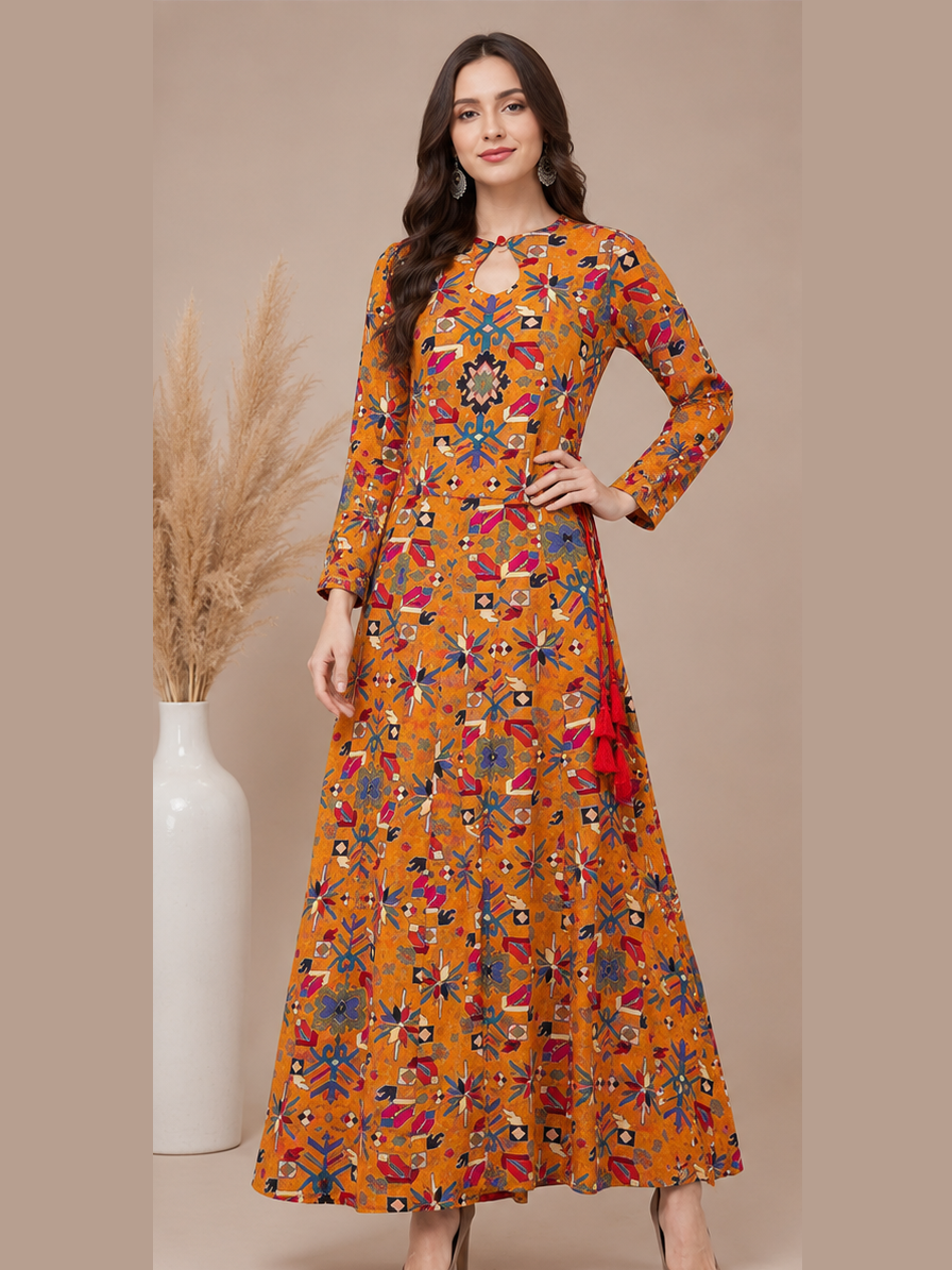 Mustard Printed Anarkali Kurti