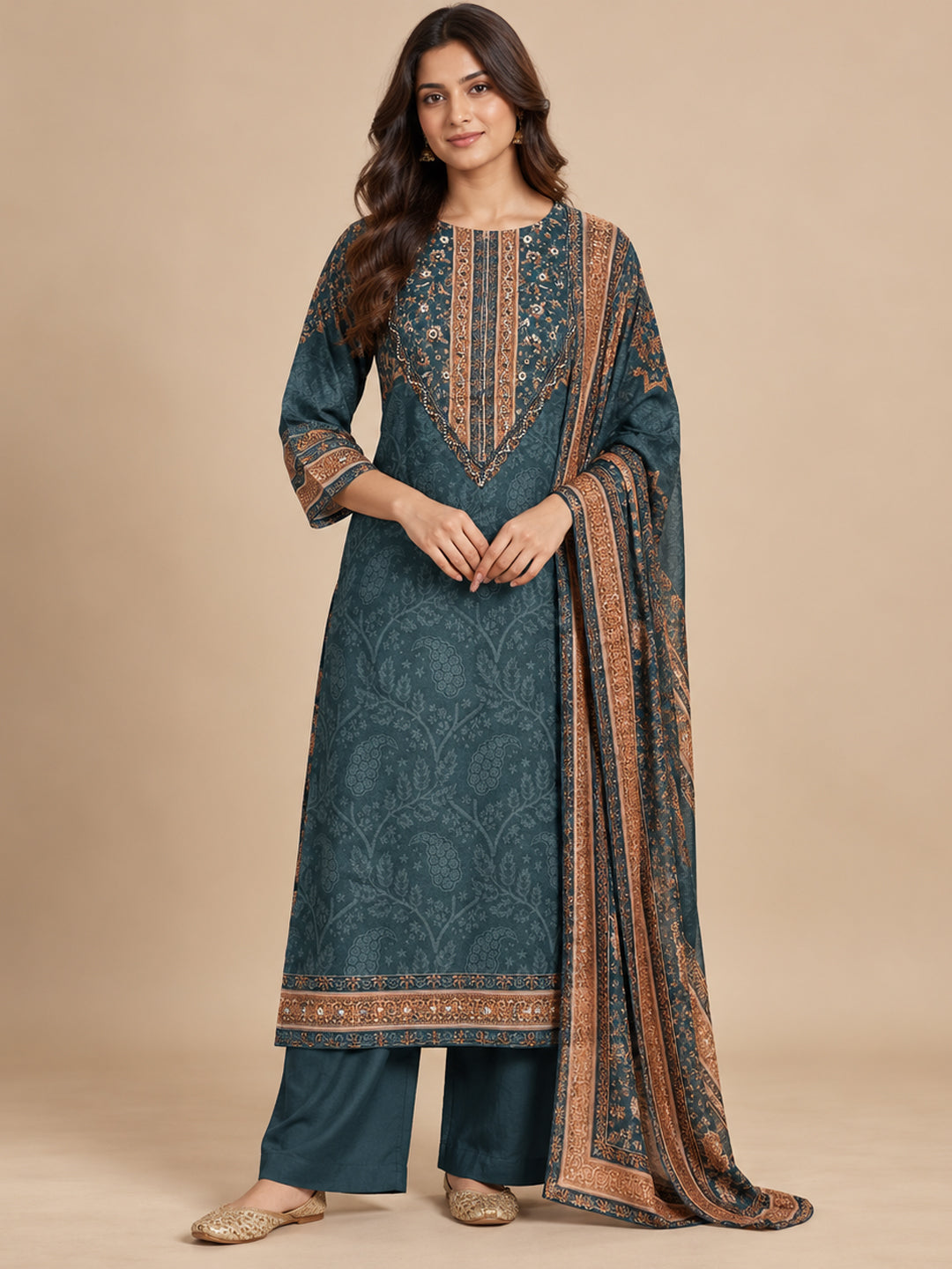 Natural Crepe Printed Embroidered Suit