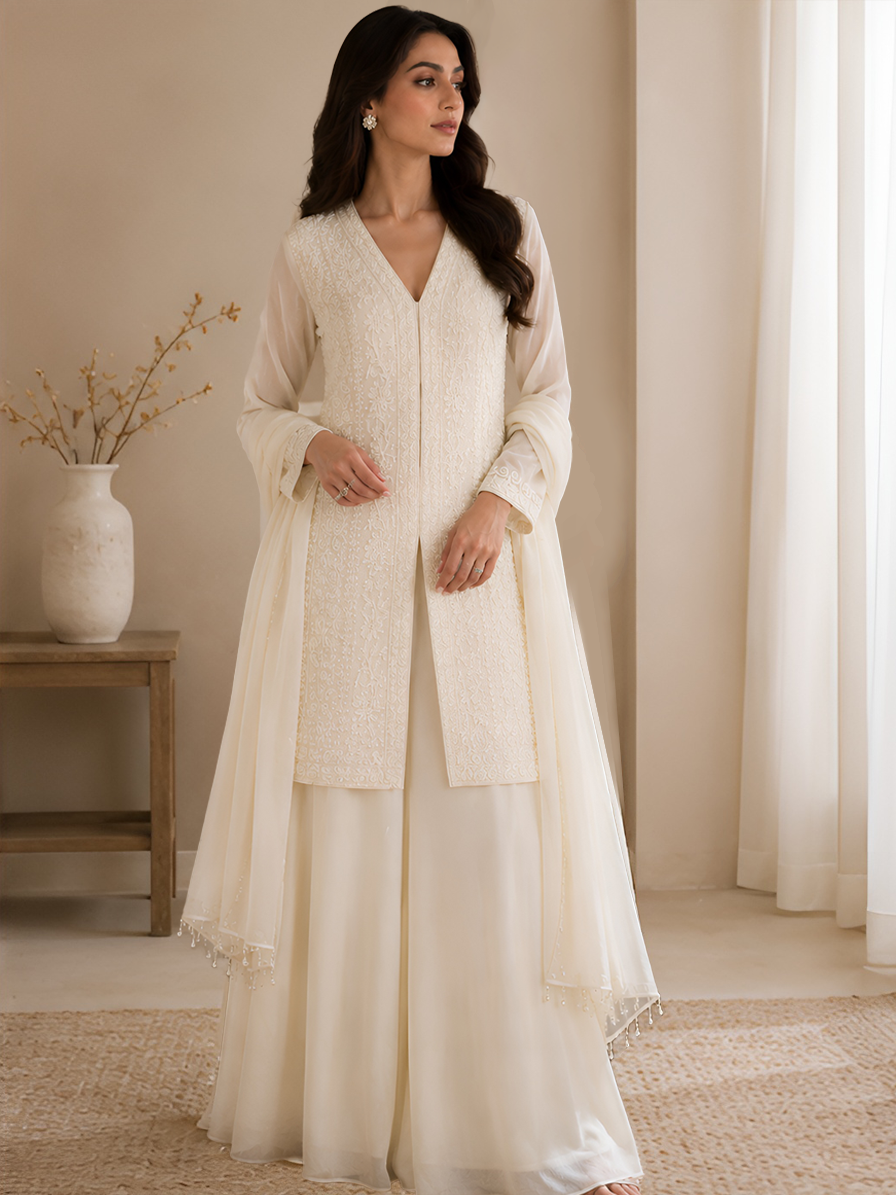 White Chinon Sharara Set