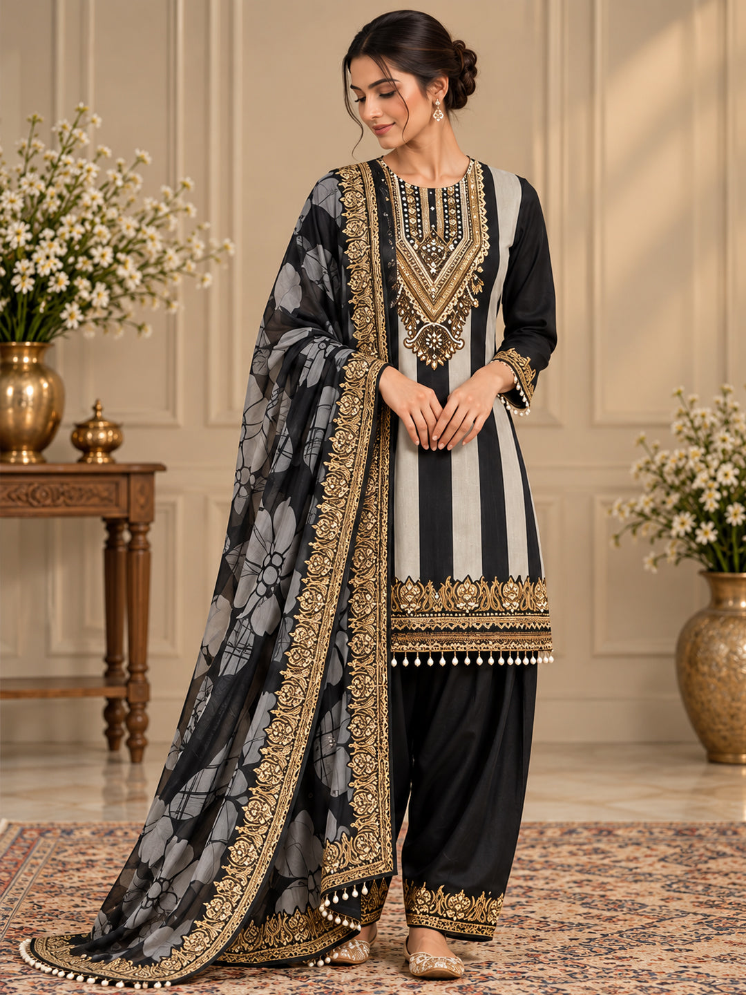 Black and White Stripes Crepe Embroidered Suit