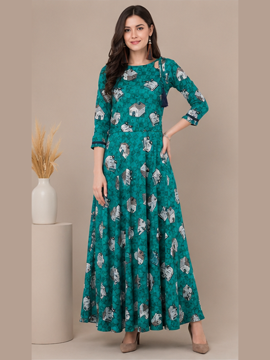 Green Printed A-Line Kurti