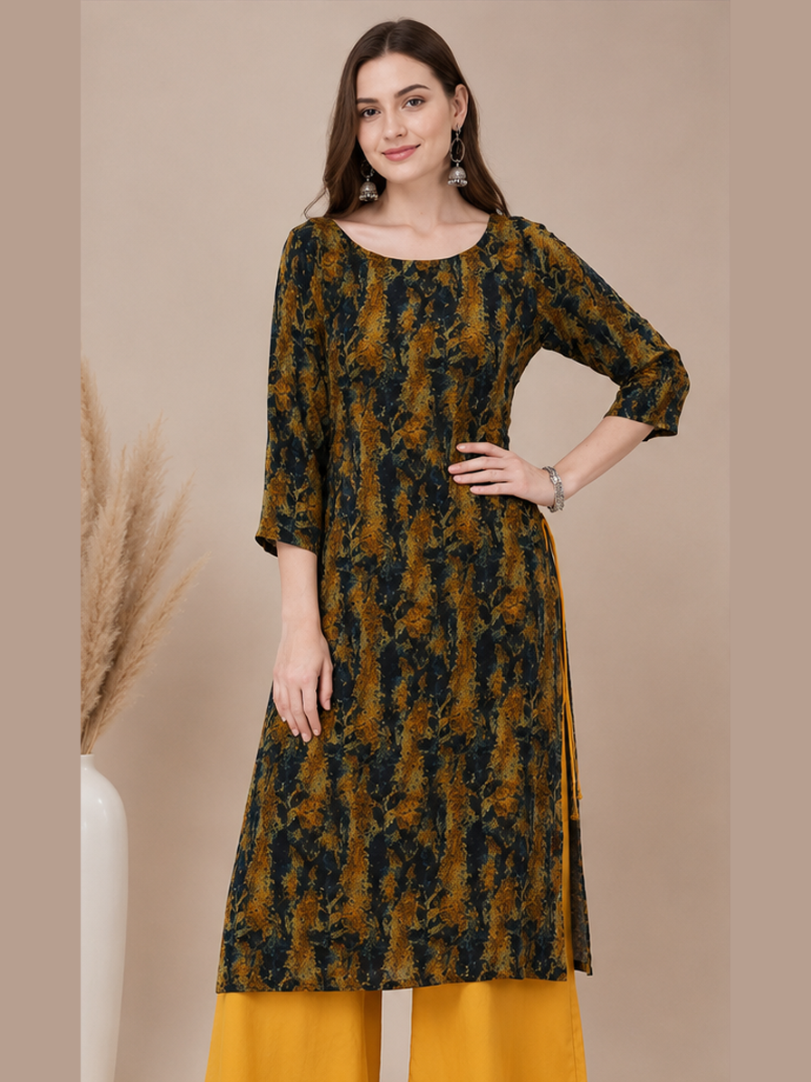 Mustard Printed Straight Kurti