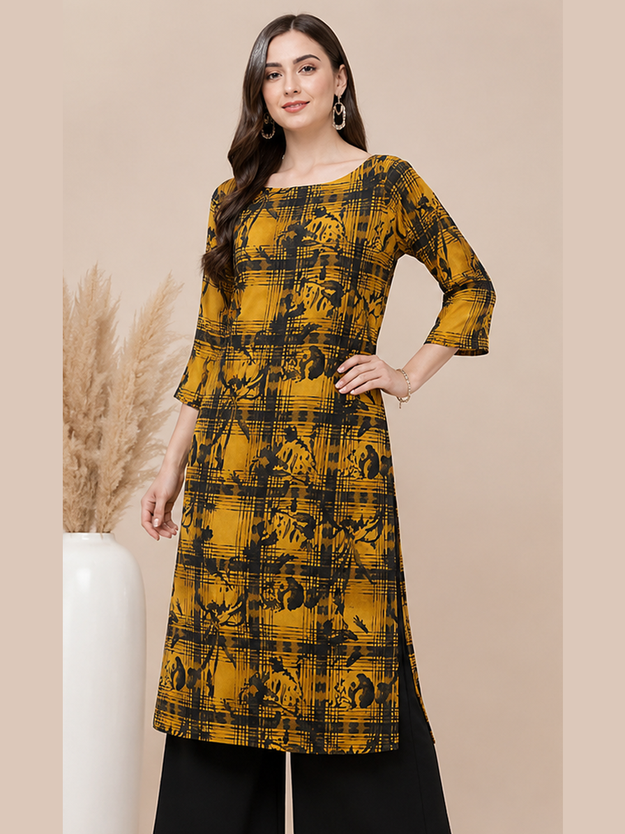 Mustard Checks Floral Straight Kurti