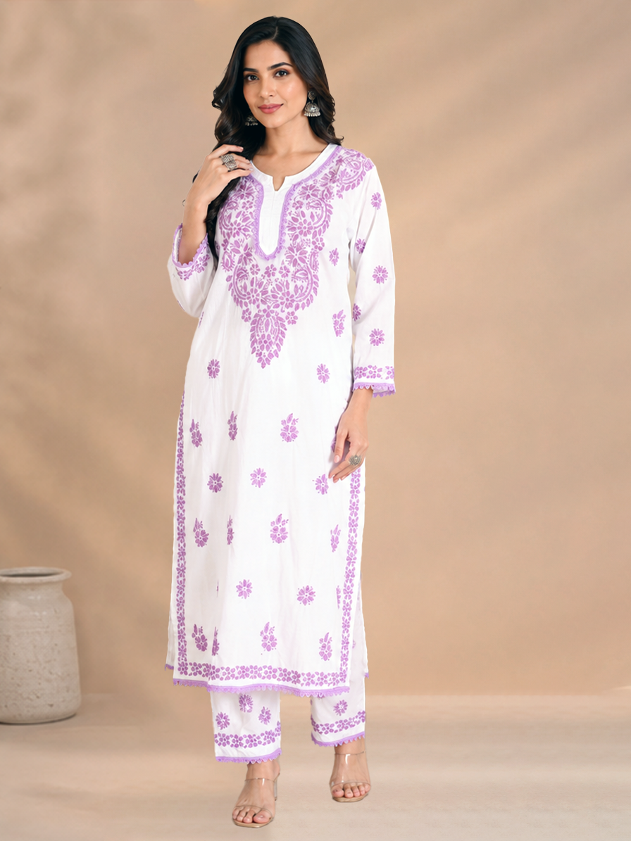 Purple-White Chikankari Kurta Set