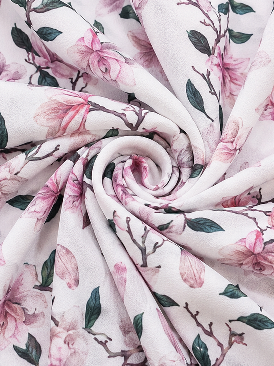 White Floral Print Crepe Fabric