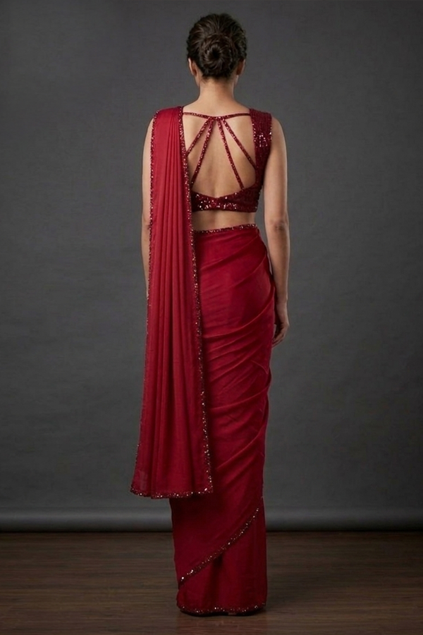Red Satin Draped Saree with Sequins Blouse