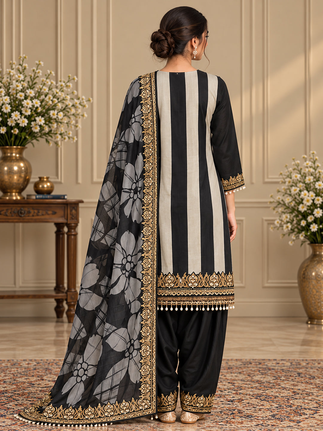 Black and White Stripes Crepe Embroidered Suit
