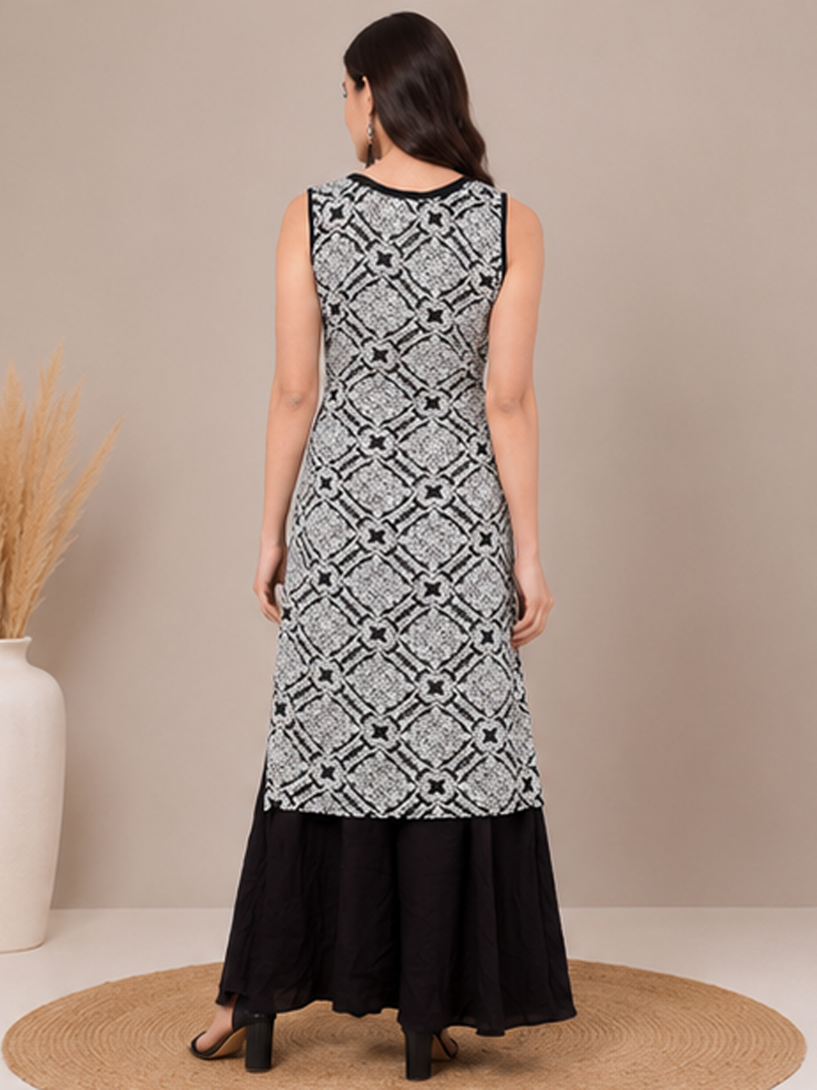 Black & White Printed Sleeveless Straight Kurti