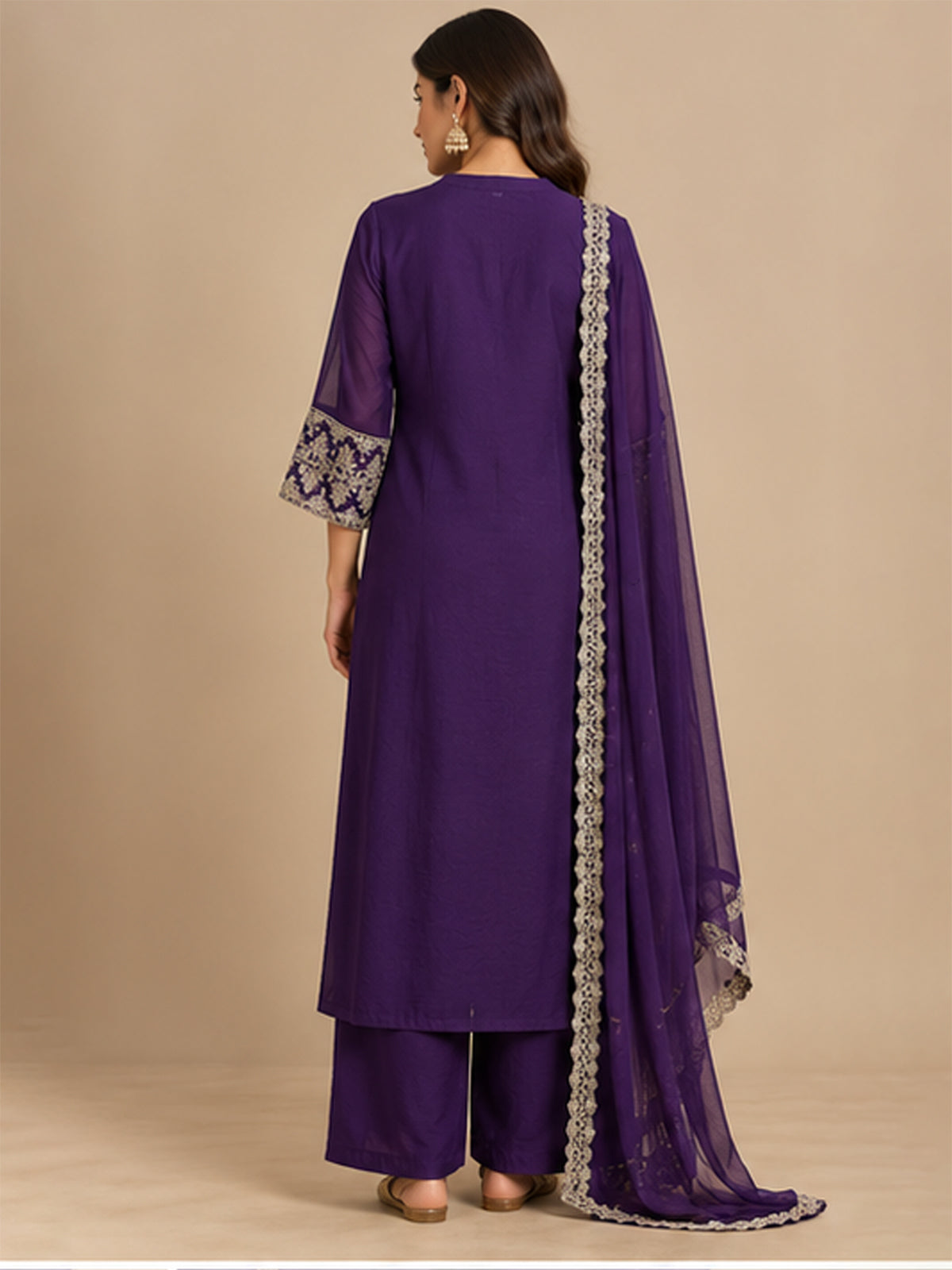 Purple Chinon Embroidered Suit